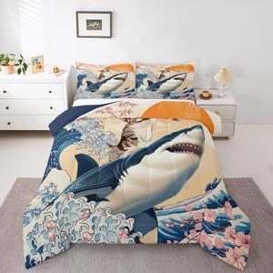 Erosebridal Детский комплект постельного белья с принтом акулы в японском стиле, морская тематика для мальчиков и девочек, Beige Navy Blue Brown