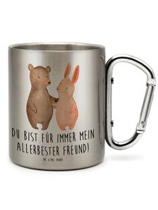 Серебряная термокружка с изображением обнимающихся медведя и кролика, с надписью Mr. & Mrs. Panda