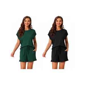2 комплекта женской пижамы с рюшами, летний комплект с короткими рукавами и шортами, мягкий домашний набор Inspire Chic, Black Green