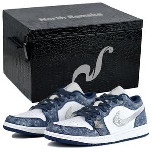 Jordan Эйр 1 NR Gift Low Top Винтажные баскетбольные кроссовки мужские сине-белые - Ледяной Цветочный Синий Дождь-Подарочная Коробка Премиум 4