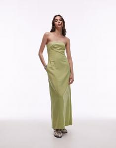 Льняное платье-бандо миди с плотными швами в фисташково-зеленом цвете Topshop