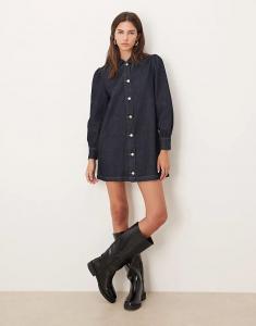 Джинсовое мини-платье ASOS DESIGN в стиле 70-х с рукавами-фонариками цвета индиго