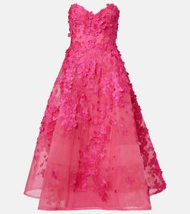 Платье миди из тюля с цветочной аппликацией Monique Lhuillier, Cerise