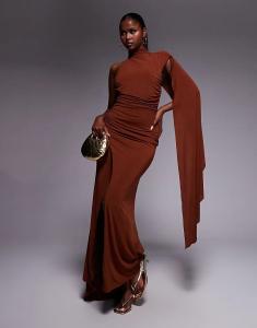 Платье макси на одно плечо с накидкой сзади от TFNC кофейно-коричневого цвета