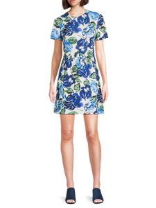 Мини-платье с короткими рукавами и цветочным принтом Halston, цвет Sea Blue