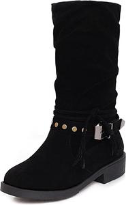 Женские замшевые свободные сапоги средней длины с круглым носом, боковой молнией, комфортной плоской низкой подошвой, платьевые сапоги с ремешком и пряжкой, модные осенне-зимние сапоги для езды QIJOZXN, Black