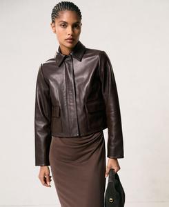 Женская кожаная куртка Drew с воротником REISS, Chocolate, Brown