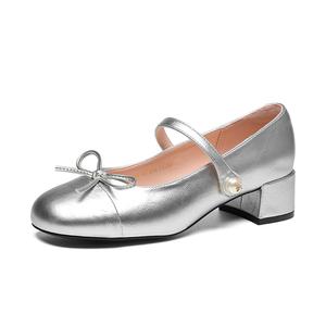 ZHR Туфли Мэри Джейн женские бежевые, серебристые