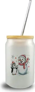 Стакан для питья со снеговиком и пингвином со снежинками и бамбуковой крышкой. speecheese