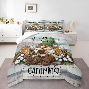 Erosebridal Комплект постельного белья Gnome Comforter Set Camping Dwarf с принтом маршмеллоу у костра в лесной коричнево-зеленой гамме, Brown Green