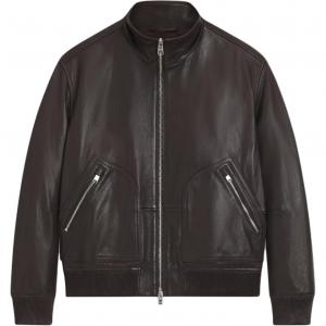 Hugo Boss Мужская кожаная куртка, темно-коричневая, с воротником-стойкой, средней жесткости