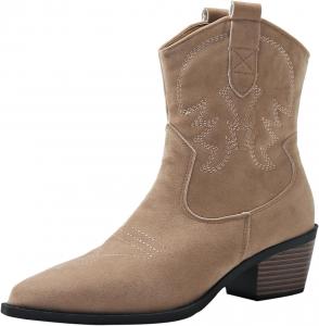 Женские западные ботильоны с вышивкой, остроконечным носком, коротким толстым каблуком, классические ковбойские ботинки до щиколотки Generic, Beige