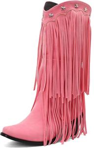 IYZXZYI Женские розовые замшевые сапоги Fringe, высокие сапоги вестерн с кисточками, заостренный носок, модные слипоны