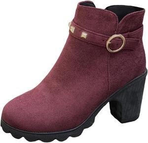 Модные женские ботильоны. Металлический декор на верхней части. Молния. Круглый носок. Доступны большие размеры. Fusecottc, Wine Red