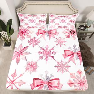 Erosebridal Розовый бант принтованный комплект постельного белья с новогодними снежинками, Pink and White