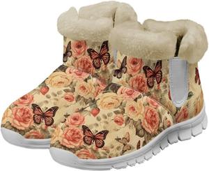 Женские теплые зимние ботинки с меховой подкладкой, снежные ботинки, слипоны до щиколотки, для прогулок на улице, противоскользящие, легкие, размер США 6-12 Fuxowvby, Rose Butterfly