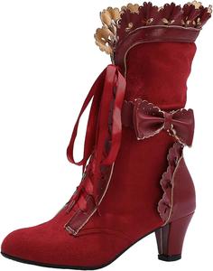 Готические ботинки для женщин, винтажные шнурованные, хэллоуинские, викторианские, пиратские, ренессансные, с массивным каблуком, ботинки до середины икры, для косплея, ботинки бабули-ведьмы Generic, Red