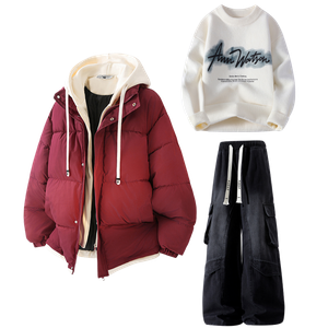 Толстовка Casual Sportswear утепленная с капюшоном унисекс X1617, burgundy top+бежевый knitwear+черный pants