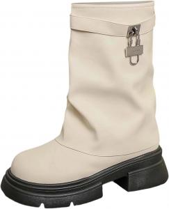 Женские ботильоны с круглым носком, массивным низким каблуком, свободной посадкой, отворотом, для широкой голени, мотоботинки с пряжкой Generic, White