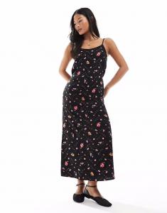 Платье-комбинация Miss Selfridge Petite с бретельками и круглым вырезом, черное с мелким принтом