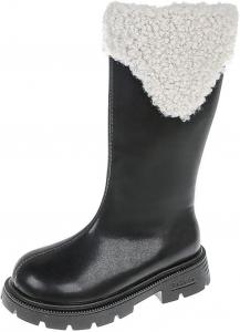 Флисовые ковбойские сапоги для девочек: модные зимние теплые ковбойские ботильоны с низким каблуком и боковой молнией, осенние нарядные туфли для походов и активного отдыха на улице Generic, Black