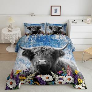 Erosebridal Комплект постельного белья Highland Cow с абстрактным синим омбре и богемными цветочными принтами, Blue Grey Purple