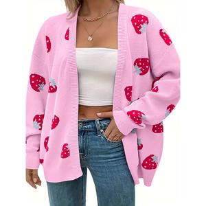 Женский кардиган плюс сайз с открытой передней частью и длинным рукавом в клубничный цветочный принт Maxxis Merch, Pink