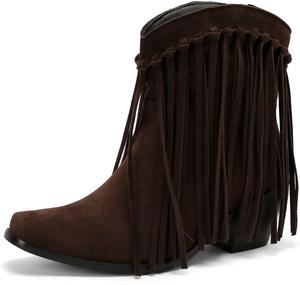 Женские ковбойские ботинки KiutSymo, ботильоны с бахромой в западном стиле, массивный каблук, квадратный носок, на молнии, широкий голенищ, с кисточками, короткие ковбойские ботильоны, Dark Brown