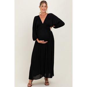 Платье-Макси для беременных, однотонное, с длинными рукавами, V-образным вырезом и сборками. Pinkblush, Black