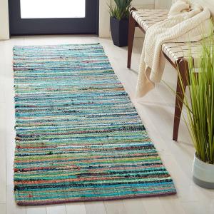 Ковер-дорожка SAFAVIEH, 69 x 214 см, Rag Rug Collection, Green & Multi, ручной работы, богемная полоска, хлопок, идеально для помещений с высокой проходимостью в гостиной, спальне (RAR240E)