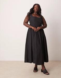 Платье макси ASOS DESIGN Curve с круглым вырезом и складками на талии черного цвета ASOS Curve