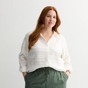 Блуза с воротником и пуговицами, Plus size Croft & Barrow, Light Natural