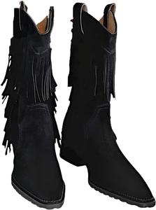 Женские ковбойские сапоги ZQW из замши в западном стиле, заостренный носок, средняя голень, массивный каблук, бахрома, большой размер, ретро, осенне-зимние сапоги, Black