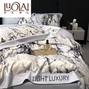 LUOLAI HOME Комплект постельного белья 4 предмета, простыня на резинке 180 см, пододеяльник 220x240 см, цвет Mijingkongjian [серо-черный]