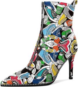 Женские модные ботильоны AUMOTED с заостренным носком, сексуальные на молнии, с украшением из бисера, вечеринка, вышивка, на высоком каблуке 3,7 дюйма, Matte Multicolor Shoes