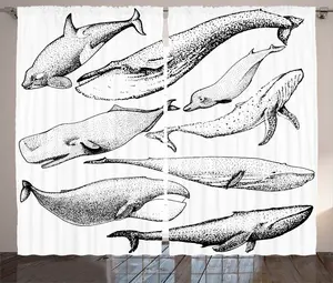 Штора ABAKUHAUS с изображением животных в деревенском стиле, нарисованная вручную одинарная китообразная, универсальная, для гостиной, с петлями и крючками, 280 x 225 см, белая с черным Abakuhaus