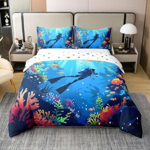 Erosebridal Комплект постельного белья Diving из 100% хлопка с подводным морским принтом в сине-зеленых тонах, Blue Green