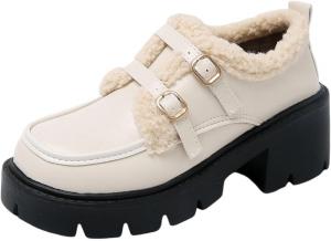 Женские лоферы на платформе с массивной подошвой, оксфорды-ботинки, теплые, с пряжкой, теплые с меховой подкладкой, для вечеринки, работы и повседневной носки Generic, Beige