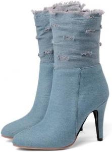 Женские короткие сапоги до середины икры с зауженным носком и высокими каблуками-стилетто, новые, большой размер WAOLSU, Light Blue