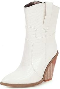 Женские западные ковбойские ботильоны на высоком каблуке с заостренным носком, на толстом каблуке, короткие, с удобной посадкой JOEUSTY, White/Black-Velvet Lined