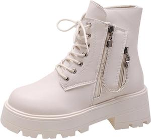 Женские ботильоны на шнуровке с платформой, с круглым носком, из кожи, короткие ботинки, падение-зима, мягкие ботильоны с молнией Generic, Beige