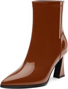 Женские ботинки с острым носком на высоком каблуке, укороченные ботильоны с боковой молнией, модные короткие ботинки из искусственной лакированной кожи для женщин RLYGHWAO, Dark Brown Patent