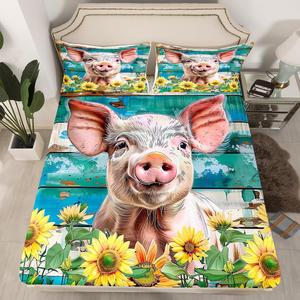 Erosebridal Фиттед простыня Pig в стиле фермы с принтом животных и подсолнухов, Multi 18