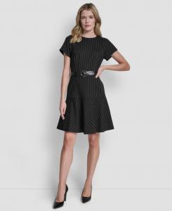 Женское платье с короткими рукавами, круглым вырезом и воланами по низу DKNY, Black/Graphite