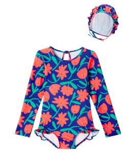 Купальник с рюшами и шапочка в цветочном принте Jellymallow, темно-синий