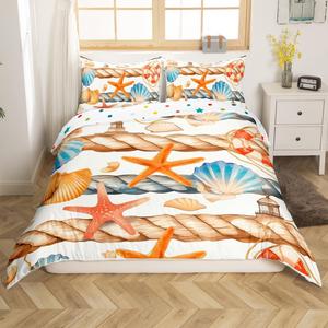Erosebridal Комплект постельного белья Nautical Duvet Cover Coastal Theme с принтом морской тематики в винтажном акварельном стиле, Multi 4