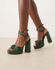 Босоножки на платформе и блочном каблуке ASOS DESIGN Wide Fit Nutshell из темно-зеленого атласа
