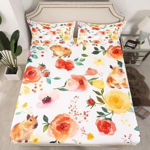 Erosebridal Комплект постельного белья Kawaii Funny Capybara с ботаническим цветочным принтом для детей и подростков, Brown Red Yellow