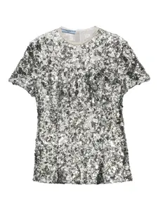 Блузка с короткими рукавами, украшенная пайетками Prada, серебяный