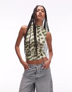 Майка Topshop из микрофибры с абстрактным животным принтом зеленого цвета